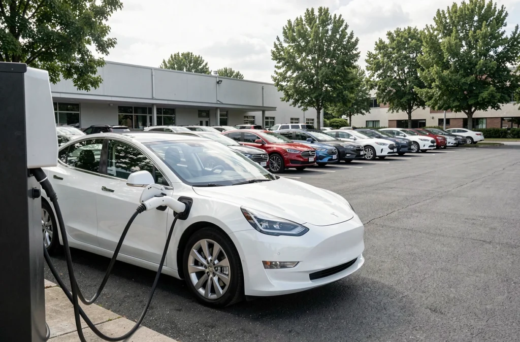 Véhicule électrique de société branché sur une borne de recharge dans un parking d'entreprise avec flotte automobile mixte illustrant la transition énergétique et la réforme fiscale 2026
