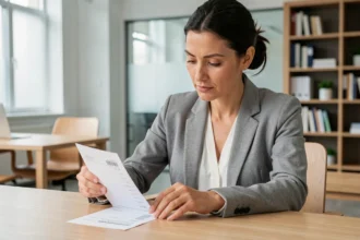 Femme RH vérifiant une fiche de paie avec 151 67 heures mensuelles dans un bureau professionnel