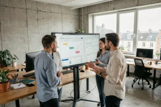 Équipe d'une agence de création de sites internet en Pays de la Loire réunie autour d'un écran affichant des maquettes web