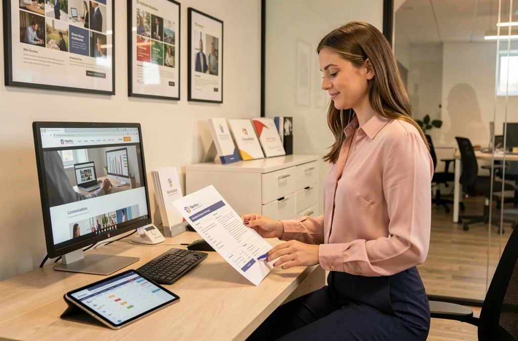 Stratège en communication web de l'agence THRIVE à Nantes révisant un plan de communication pour un client
