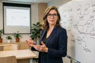 Femme professionnelle expliquant la caractérisation d'une entreprise devant un tableau blanc en salle de formation