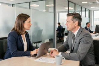 Une salariée discute d'une demande de congé sans solde avec son responsable RH dans un bureau moderne