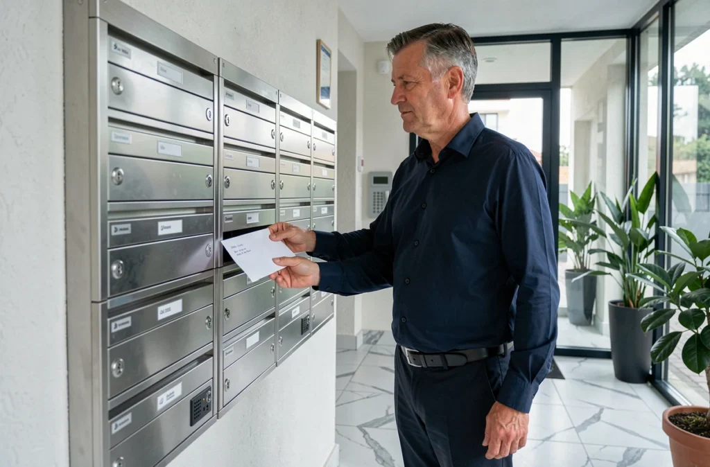 Copropriétaire déposant sa demande officielle dans la boîte aux lettres du syndic de copropriété