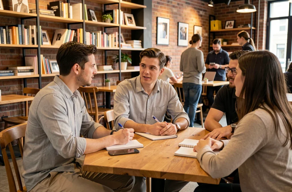 Jeune entrepreneur expliquant oralement la notion de caractérisation d'entreprise à des collègues dans un café coworking