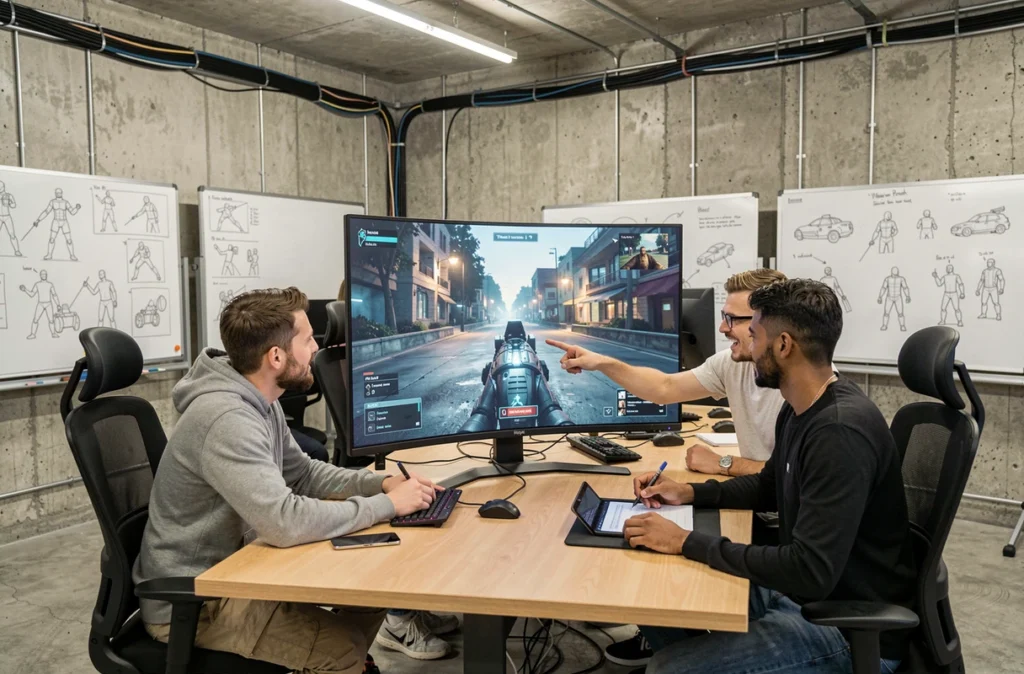 Équipe de développeurs de jeux vidéo discutant d'une interface de jeu de tir en studio, atmosphère de travail collaborative et moderne