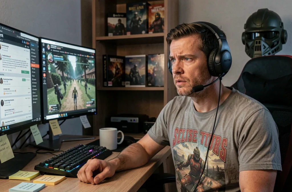 Fan de jeux vidéo scrutant des forums et gameplay sur deux écrans la nuit, avec une réplique du casque de Master Chief en arrière-plan