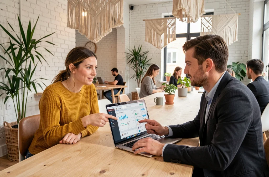 Deux professionnels de l'agence Frennly Digital Agency à Nantes analysant ensemble une campagne digitale sur un ordinateur portable