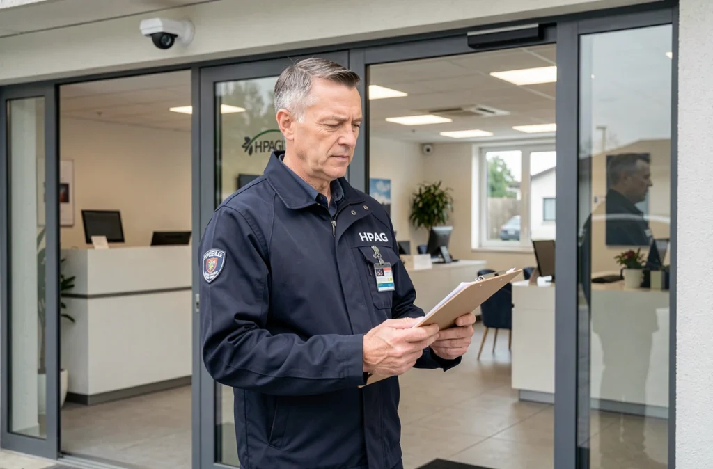 Agent de sécurité HPAG Sécurité en poste à l'entrée d'un site commercial en Centre-Val de Loire