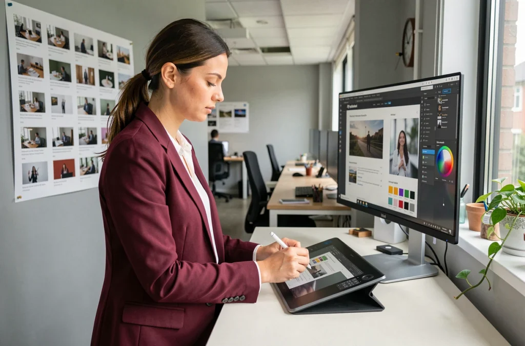 Designer web de l'agence iNuage à Laval travaillant sur la création d'un site internet avec une tablette graphique