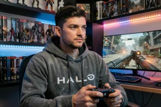 Joueur nostalgique tenant une manette Xbox dans une salle de gaming décorée de figurines et boîtes de jeux Halo, expression pensive
