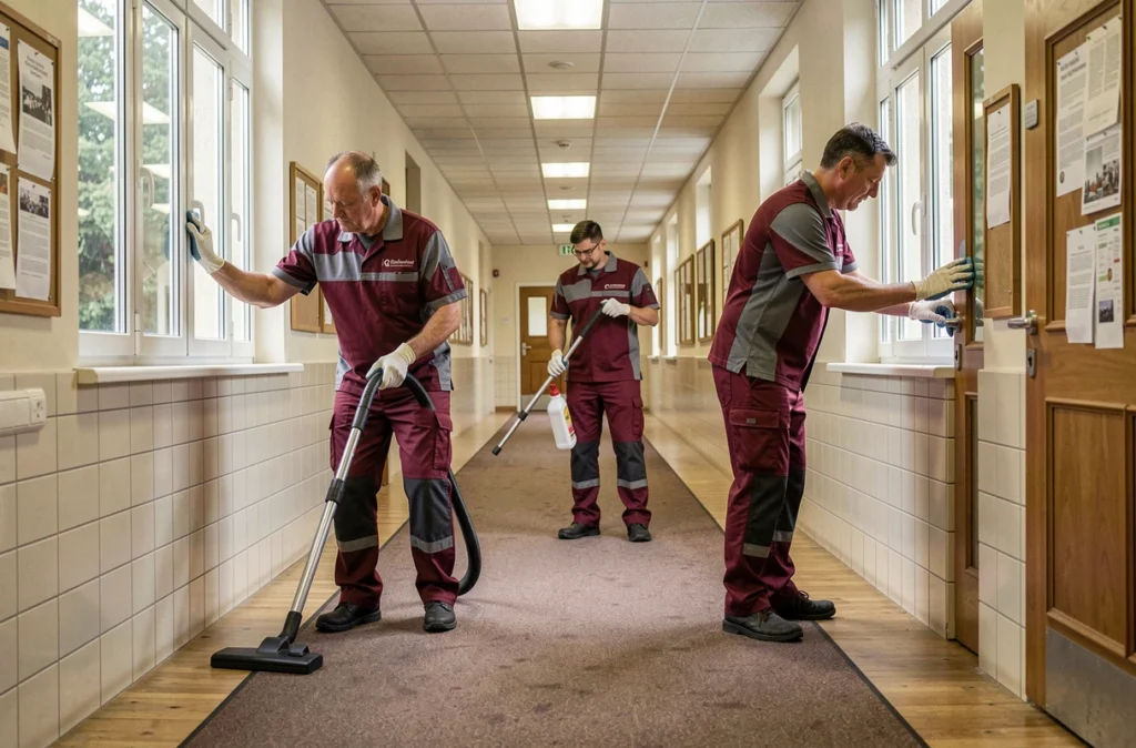 Équipe Les Professionnels du Nettoyage travaillant dans un bâtiment institutionnel français