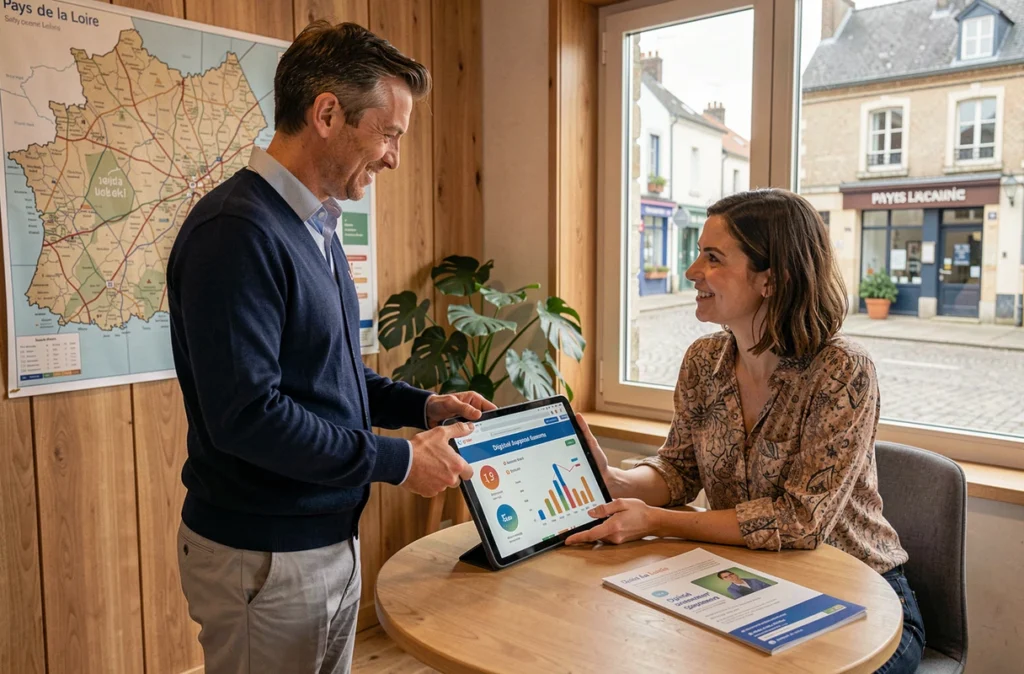Consultant de Ligeo accompagnant une entrepreneuse dans sa transformation numérique dans un espace professionnel en Pays de la Loire