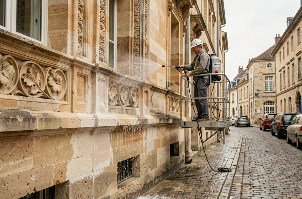 Technicien nettoyage de façade en pierre d'un bâtiment historique en Centre-Val de Loire