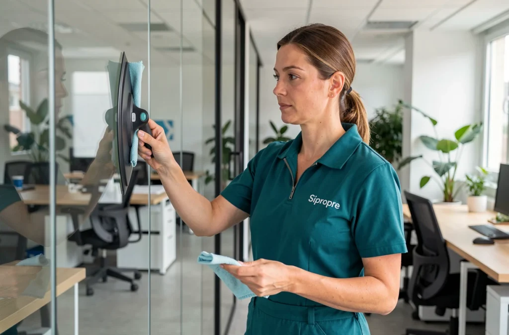 Professionnelle Sipropre Propreté et Services Associés nettoyant des cloisons vitrées de bureau