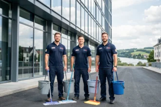 Équipe de nettoyage professionnelle en uniforme devant un bâtiment en Centre-Val de Loire