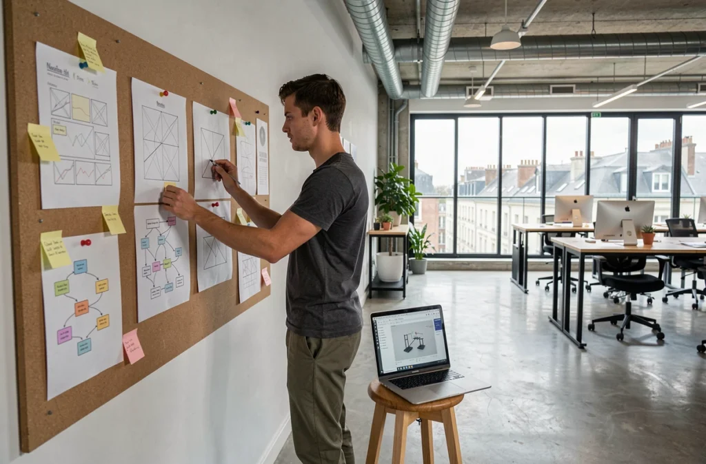 Designer UX de TeneX Studio à Nantes organisant des wireframes et des cartes de parcours utilisateur sur un tableau mural