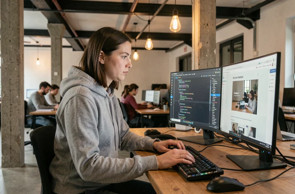 Développeuse web de l'agence theTribe à Nantes codant un site internet sur mesure devant son poste de travail
