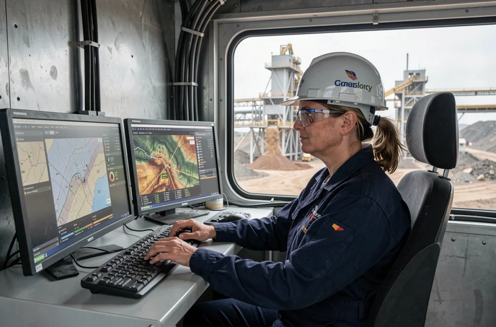 Ingénieure minière australienne en salle de contrôle examinant des données géologiques sur plusieurs écrans avec vue sur une usine de traitement minière en arrière-plan