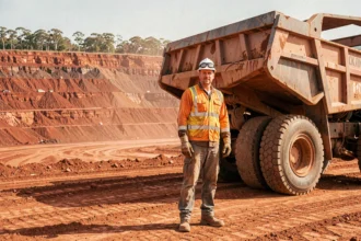 Mineur australien en tenue de sécurité debout devant un camion géant dans une mine à ciel ouvert de minerai de fer en Australie, paysage de terre rouge ocre en arrière-plan
